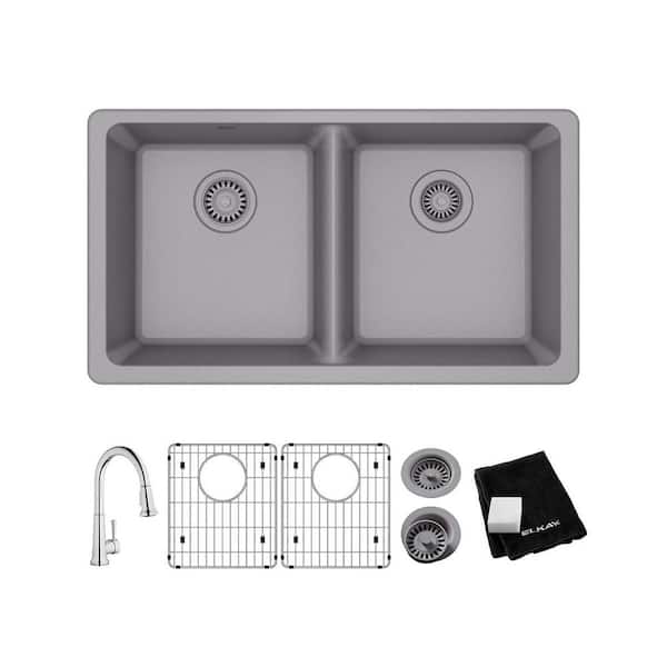 Elkay Quartz Classic Greystone Quartz 33 in. Equal Double Bowl Undermount Kitchen Sink with Faucet, Bottom Grid and Drain