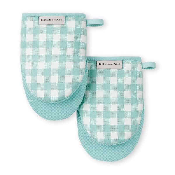 KITCHENAID Gingham Cotton Mineral Water Aqua Mini Oven Mitt Set (2-Pack)