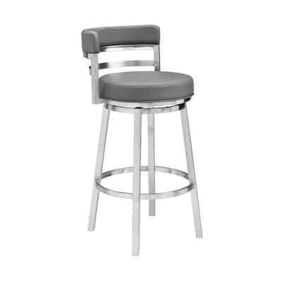 Madrid Contemporary 26 in. Counter Height Bar Stool in Brushed Stainless Steel and Grey Faux Leather