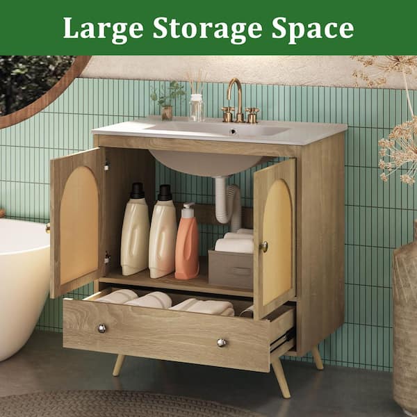 30 in. Freestanding Oak Bath Vanity with White Ceramic Top Unassembled, Open-Front Boho Design for Farmhouse