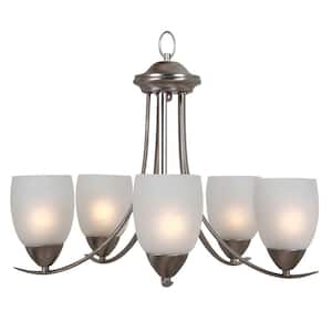 Mirror Lake 5-Light Brushed Nickel Hanging Chandelier with White Etched Glass Shade