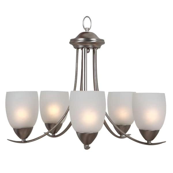 Yosemite Home Decor Mirror Lake 5-Light Brushed Nickel Hanging Chandelier with White Etched Glass Shade