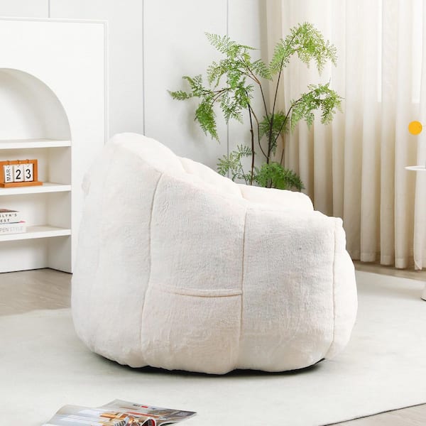 Dorothy White Faux Fur Bean Bag Chair with Armrests Stuffed High-Density Foam