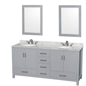 Sheffield 72 in. W x 22 in. D x 35 in. H Double Bath Vanity in Gray with White Carrara Marble Top and 24" Mirrors