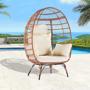Patio Oversized Wicker Outdoor Lounge Chair Egg Chair with Yellow Cushions