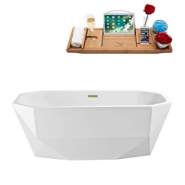 Streamline 59 in. x 28 in. Acrylic Freestanding Soaking Bathtub in Glossy White with Brushed Brass Drain