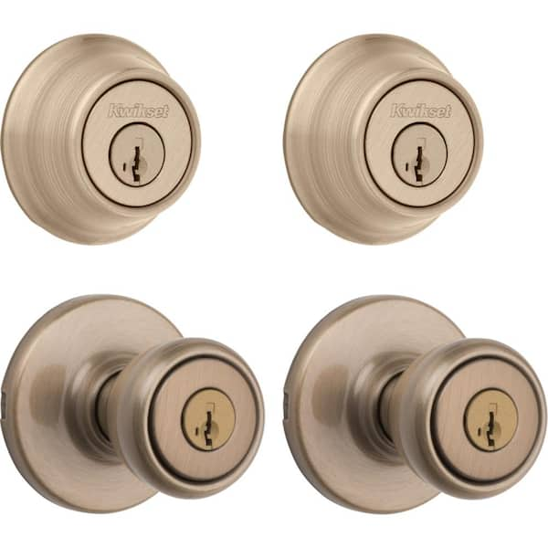 Kwikset 242 Tylo Antique Brass Keyed Entry Door Knob And Single Cylinder Deadbolt Project Pack 5397