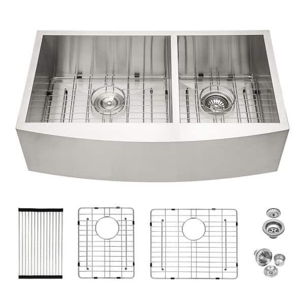 33 in. Drop-In Double Bowl 16-Gauge Brushed Nickel Stainless Steel Kitchen Farmhouse Sink with Drain Assembly