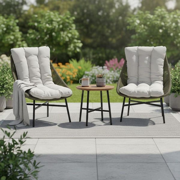Billund 3-Piece Olive Green Wicker Round Outdoor Bistro Set with Light Grey Cushions