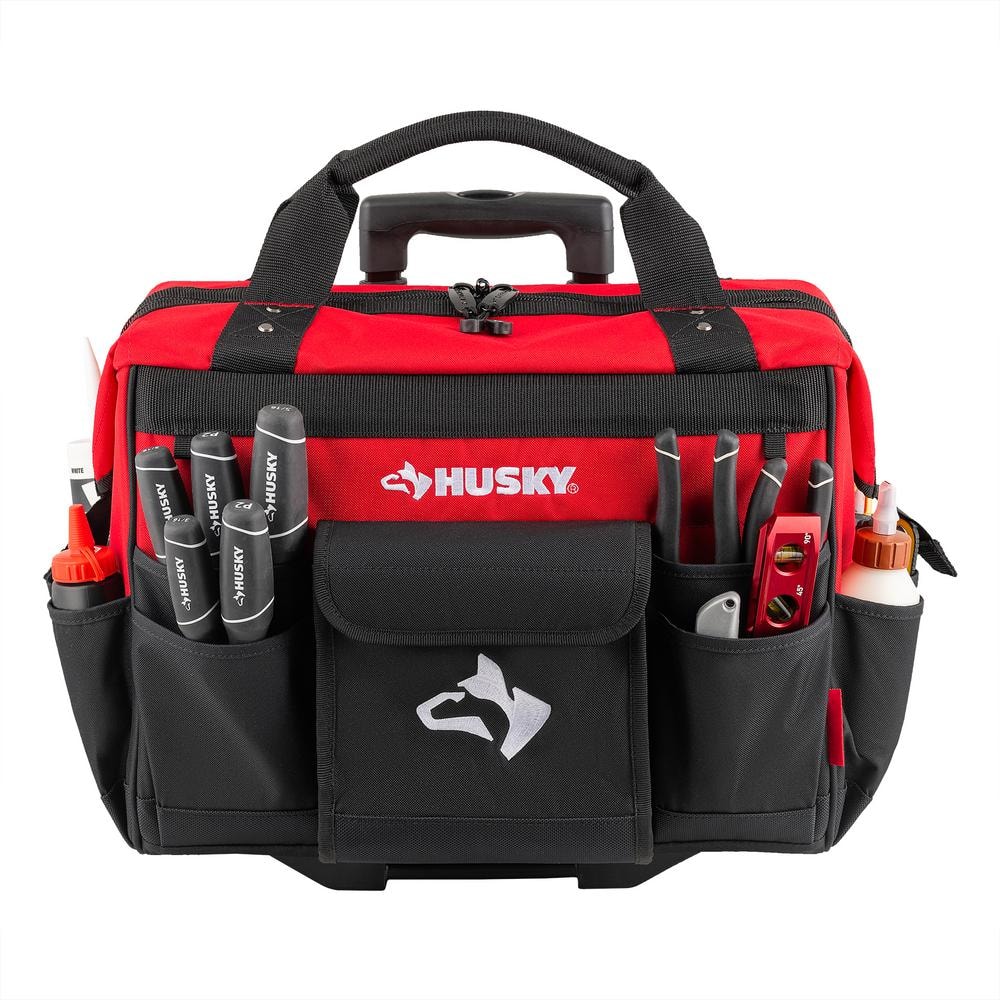18-inch Red and Black Rolling Tool Bag with Multiple Pockets
