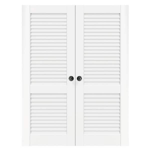 TENONER 60 in. x 80 in. Composite, MDF, Louvered Panel, Primed, White Interior Door Slab With Black Goal Doorknob