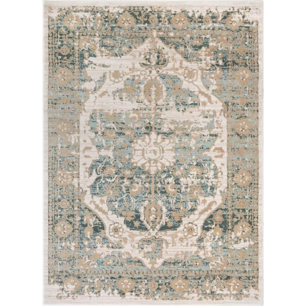 Well Woven Kensington Maxwell Blue 4 ft. x 6 ft. Modern Medallion Antique Vintage Distressed Area Rug