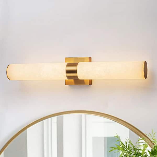 23.6 in. 1-Light Brushed Gold Cylinder Solid Stone Vanity Light LED Sconce with Marbleized Glass Shade