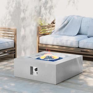 28 in. Square Terrazzo Outdoor Fire Pit Table with Blue Glass Stone and Rain Cover in Off-White