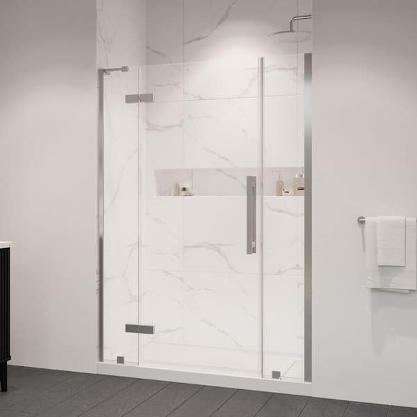 Tampa 54 in. W x 32 in. L x 72.01 in. H Alcove Shower Kit with Pivot Frameless Door in Satin Nickel and Shower Pan