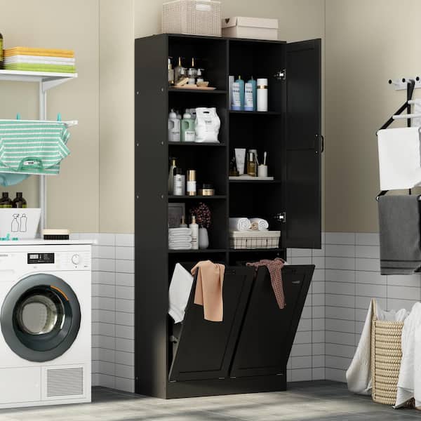 FUFU&GAGA 31.5 in. W x 13.8 in. D x 78.7 in. H Black Wood Freestanding Bathroom Linen Cabinet with Flip Storage for Clothes
