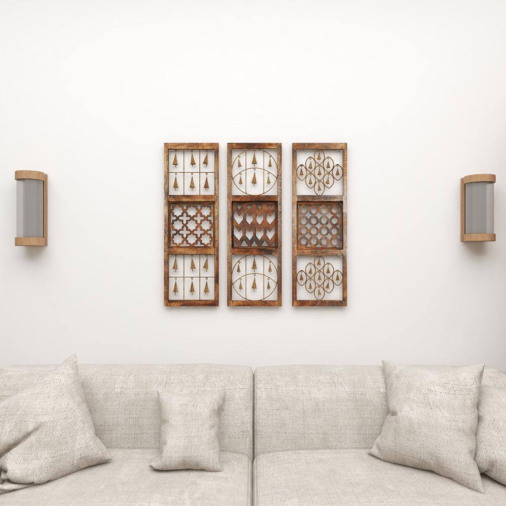 Brown Wood and Metal Bell Wall Decor Set of Three