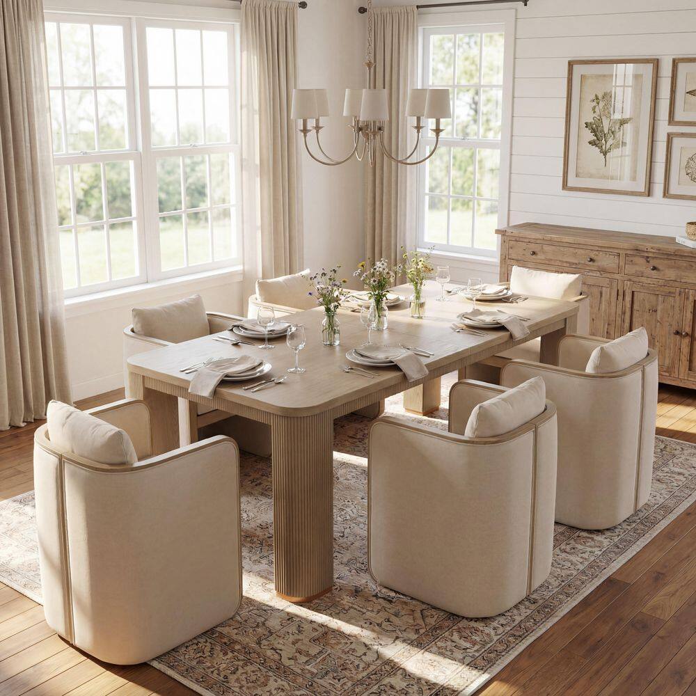 Renfred 7-Piece Wood Top Dining Set with Taupe+Espresso Fabric Upholstered Dining Chairs, Light Ash Dining Table,Seats 6