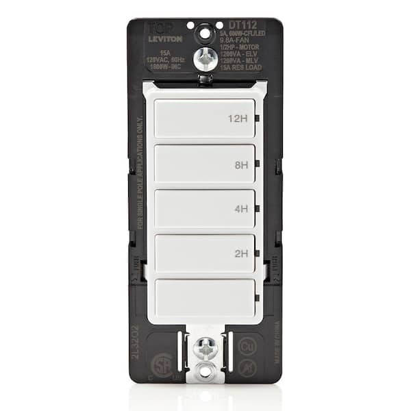 Leviton Decora 15 Amp 12-Hour Indoor In-Wall Timer Switch, 1/2 HP/9.8 Amp Fan/Motor, No Neutral Required, Single Pole, White
