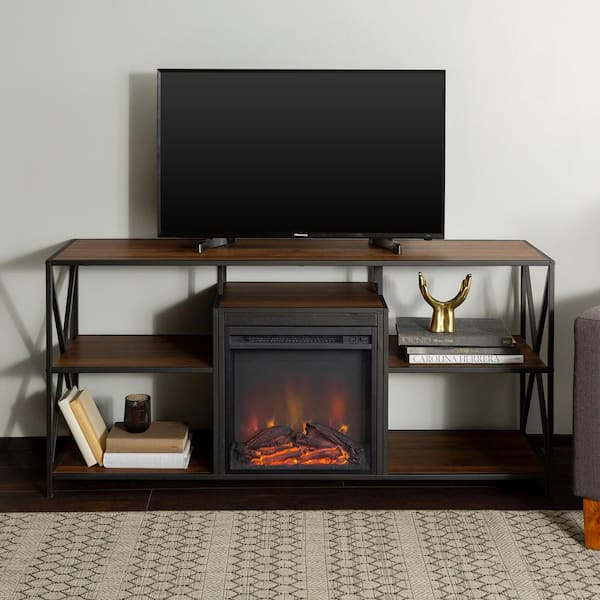 Walker Edison Furniture Company 60 in. Dark Walnut Composite TV Stand 69 in. with Electric Fireplace