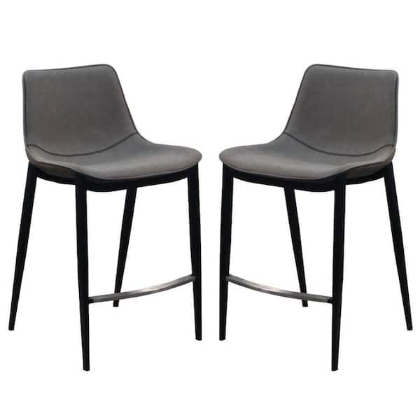 Benjara Cid 38 in. Gray Low Back Metal Frame Counter Stool with Vegan Faux Leather Seat ( Set of 2)