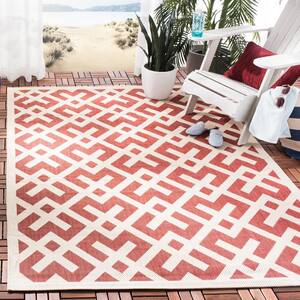 Courtyard Red/Bone Doormat 2 ft. x 4 ft. Geometric Indoor/Outdoor Patio Area Rug