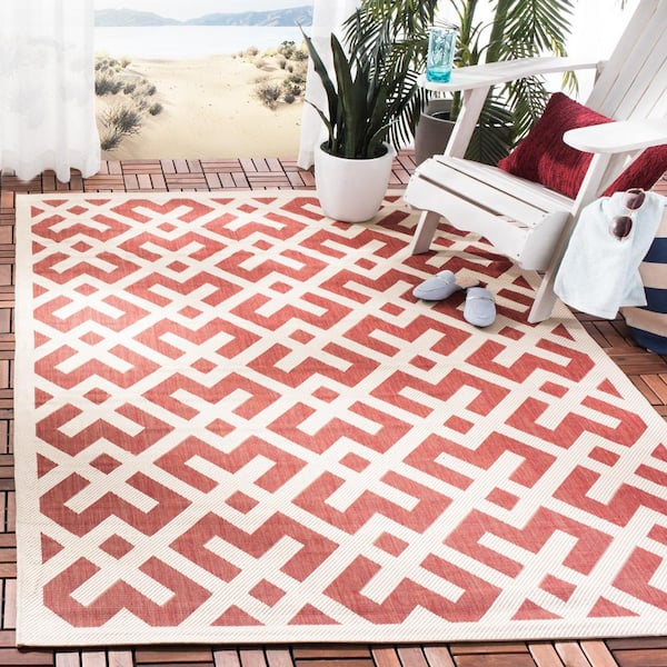 Courtyard Red/Bone 4 ft. x 4 ft. Square Geometric Indoor/Outdoor Patio  Area Rug