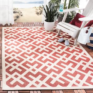 Courtyard Red/Bone 5 ft. x 5 ft. Square Geometric Indoor/Outdoor Patio  Area Rug