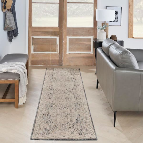 Nyle Ivory Charcoal 2 ft. x 8 ft. Vintage Persian Kitchen Runner Area Rug