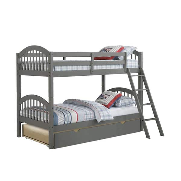Benjara Diana Gray Without Mattress Twin Bunk Beds with Trundle and Slatted Arch Headboard