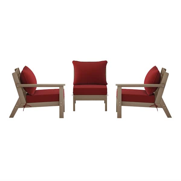 Birchwood Weathered Wood Arrangeable Outdoor Patio 3-Piece Deep Seating HDPE Sofa Arm Chair Set w/ Red Cushions