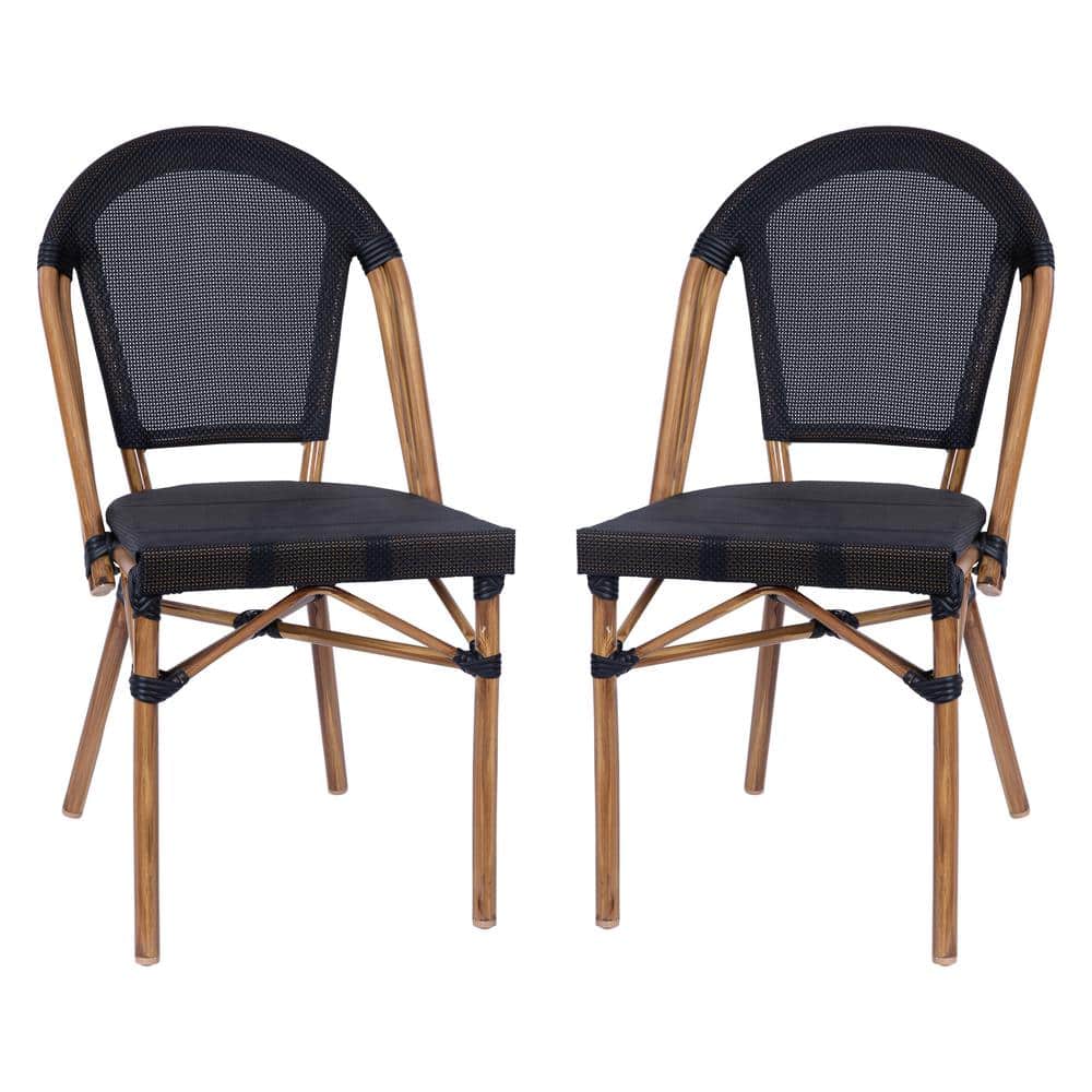 Black and Natural Armless Stacking Bistro Chairs with Metal Frame, Set of 2