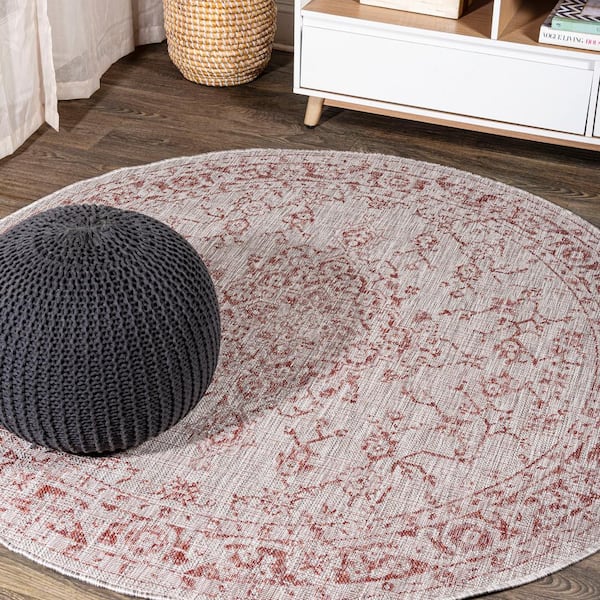Red/Taupe 5 ft. Round Rozetta Boho Medallion Textured Weave Indoor/Outdoor Area Rug