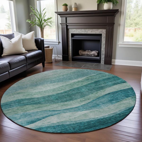 Mayfield Premium Machine Washable Abstract AMF1141 Teal 8 ft. x 8 ft. Round Rug