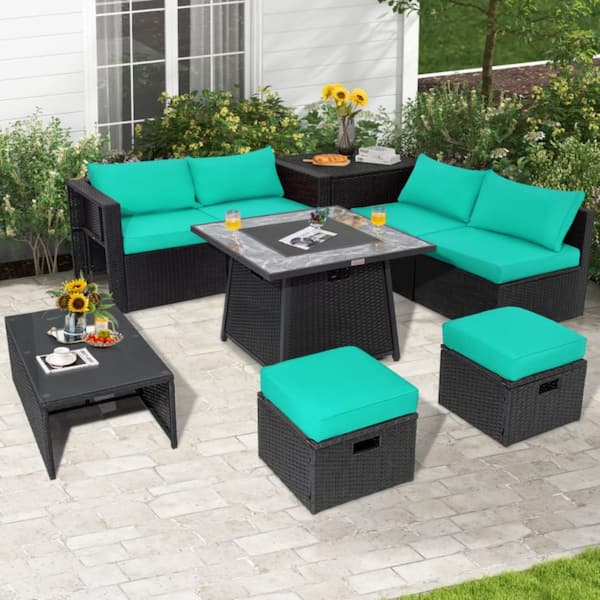 Kadehome 9-Piece Wicker Patio Conversation Sectional Seating Set with Turquoise Cushions