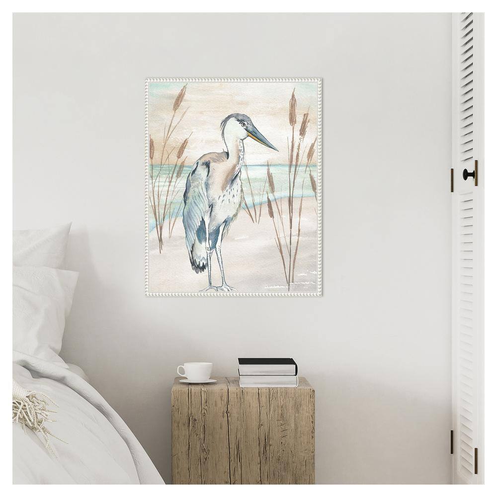 Heron by Beach Grass Nautical Canvas Framed Wall Art