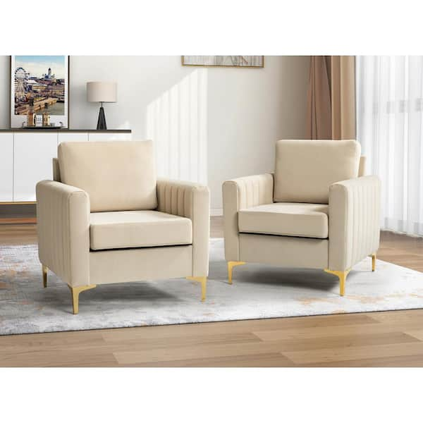 JAYDEN CREATION Ennomus Modern Tan Velvet Cushion Back Club Chair with Golden Metal Legs and Track Arms (Set of 2)