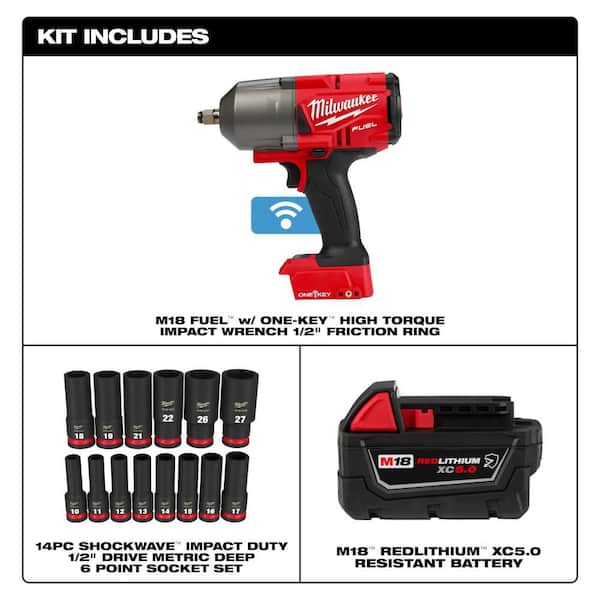 M18 FUEL ONE-KEY 18V 1/2 in. Impact Wrench w/5.0Ah Battery & SHOCKWAVE Socket Set (14-Pc)