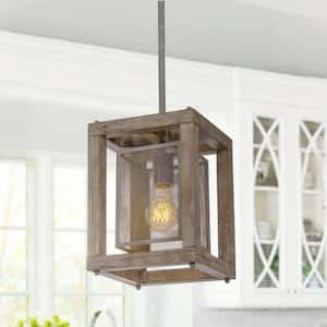 Farmhouse 1-Light Wood Cage Pendant Light Brown Ceiling Lamp with Rustic Rectangle Shade for Kitchen Island and Bedroom