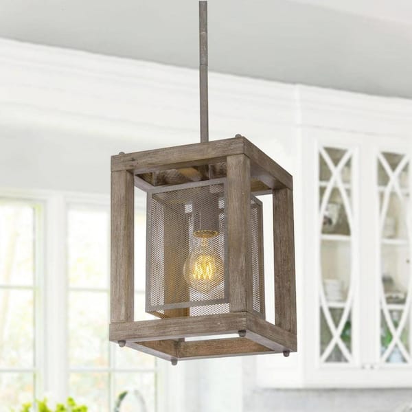 LNC Farmhouse 1-Light Wood Cage Pendant Light Brown Ceiling Lamp with Rustic Rectangle Shade for Kitchen Island and Bedroom