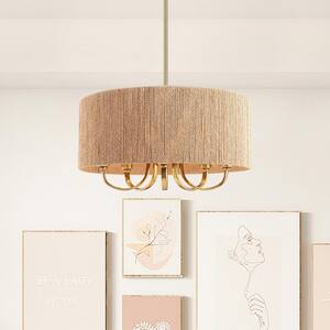 Collision 5-Light Gold Schoolhouse Chandelier with Wooden Paper Rope Shades