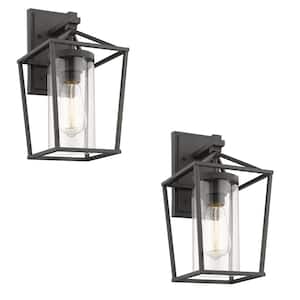 1-Light 13.8 in. H Black Hardwired Outdoor Wall Lantern Sconce Lantern (Pack of 2)