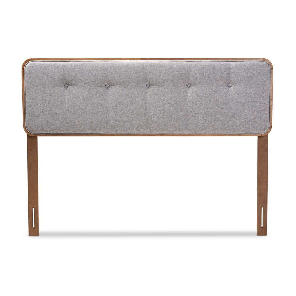 Gray Tufted Upholstered Queen Headboard with Walnut Wood Frame