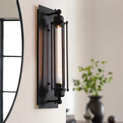 Rustic Vintage Black Linear Metal Wall Sconce with Wire Cage Shade, 1-Light Modern Industrial Vanity Light for Dry Areas