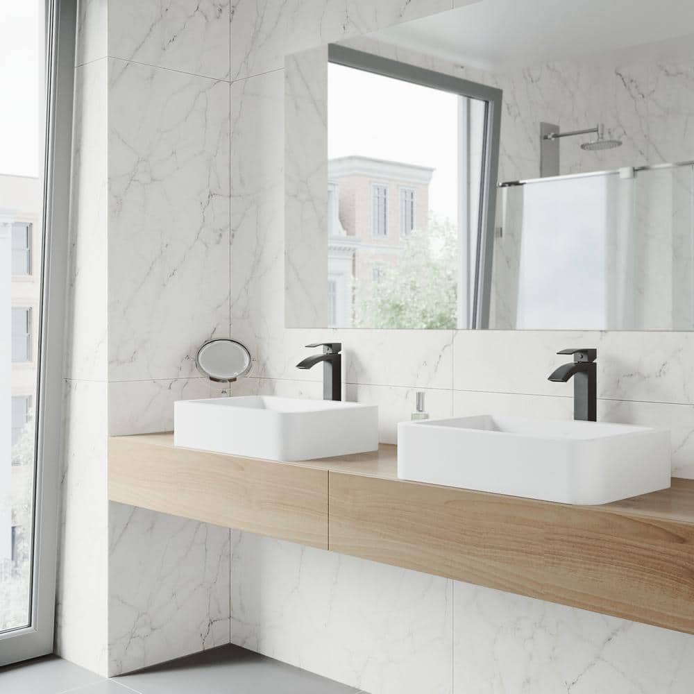 Serene White Stone Rectangular Vessel Bathroom Sink with Modern Faucet