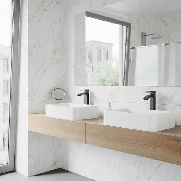 Petunia Matte Stone Vessel Bathroom Sink in White with Duris Bathroom Vessel Faucet in Matte Black