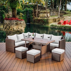 7-Piece Brown Wicker Patio Outdoor Dining Sofa Set, Sectional, Dining Table with Off-White Cushions