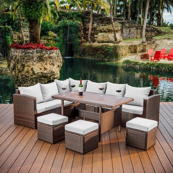 7-Piece Brown Wicker Patio Outdoor Dining Sofa Set, Sectional, Dining Table with Off-White Cushions