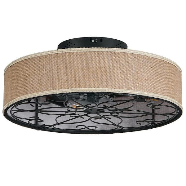 20 in. Indoor Black Farmhouse Standard Low Profile Caged Flush Mount Ceiling Fan Light Fixture with No Bulbs Included