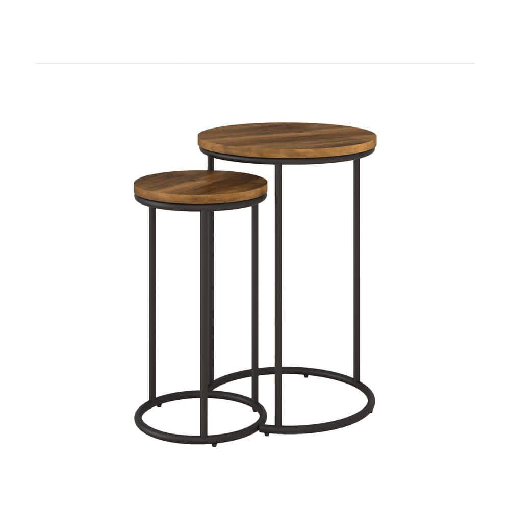 Fort Worth Natural Wood and Black Metal Round Nesting Side Tables